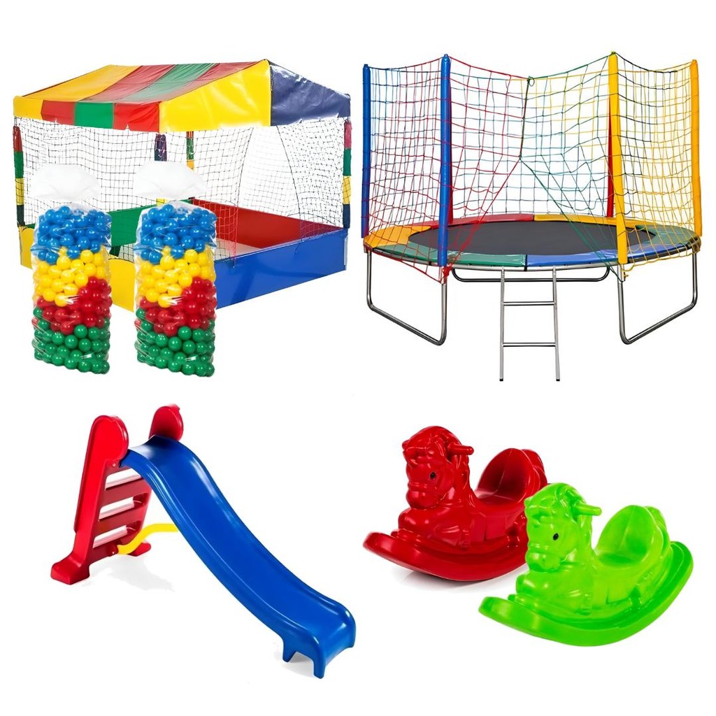 Cama Elástica 2,44m + Piscina 1,50m + 1000 Bolinhas + Escorregador Médio + 2 Gangorra 1 Lugar em Oferta na Shopee