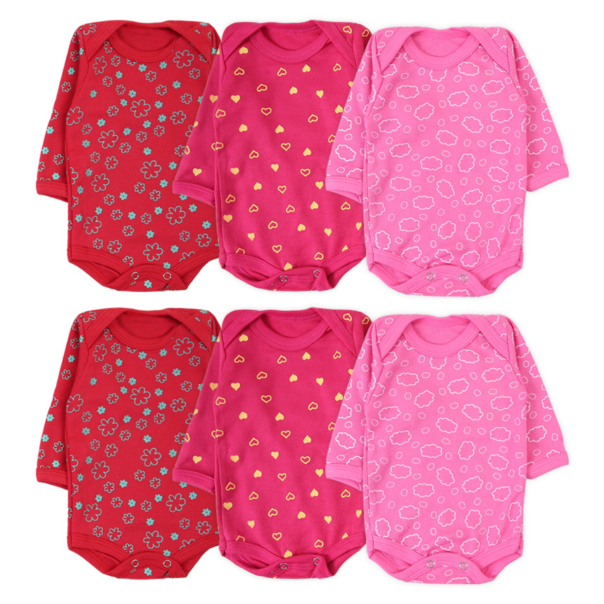 Kit Body Bebê Manga Longa Canelado Estampado - 06 Peças