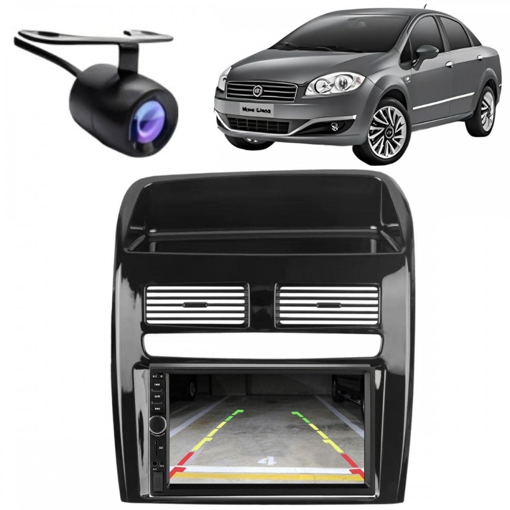 Central Multimídia 2 Din Mp5 Fiat Linea Câmera Moldura Black Piano