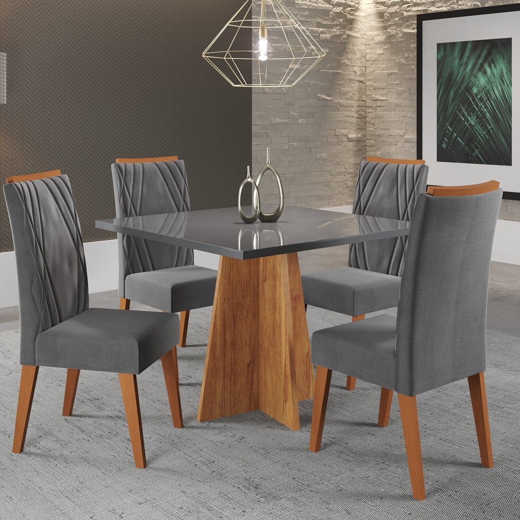 Mesa de Jantar Quadrada Decora com Vidro 90x90 e 4 Cadeiras Vegas em Madeira Maciça Cinza em Oferta na Shopee