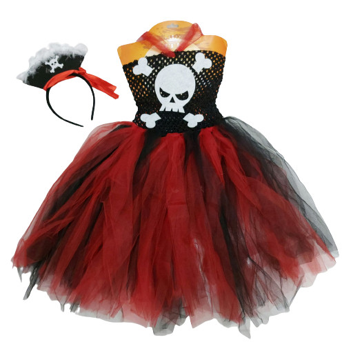 Saia Fantasia Infantil de Halloween Dia Das Bruxas Caveira Pirata Vermelho e Preto