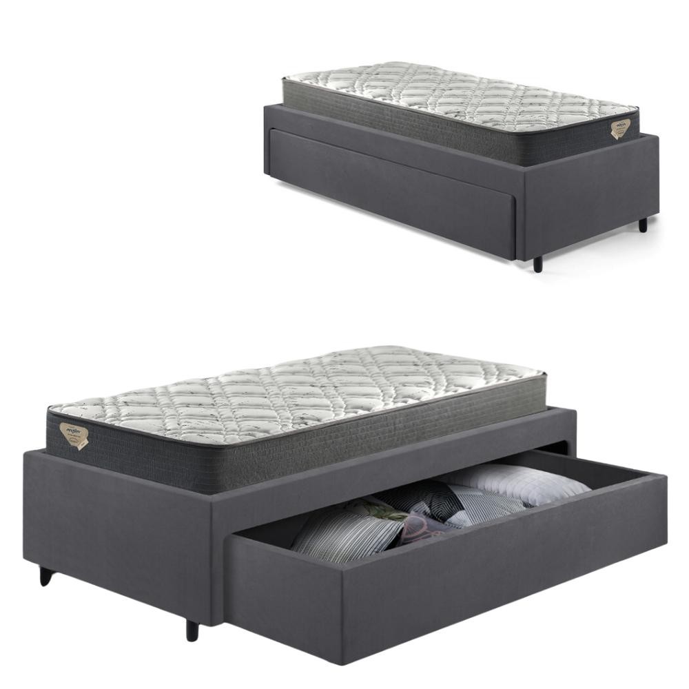 Cama Box Solteirão Sapateira Suede Cinza e Colchão Adapto Ecoflex 96x203