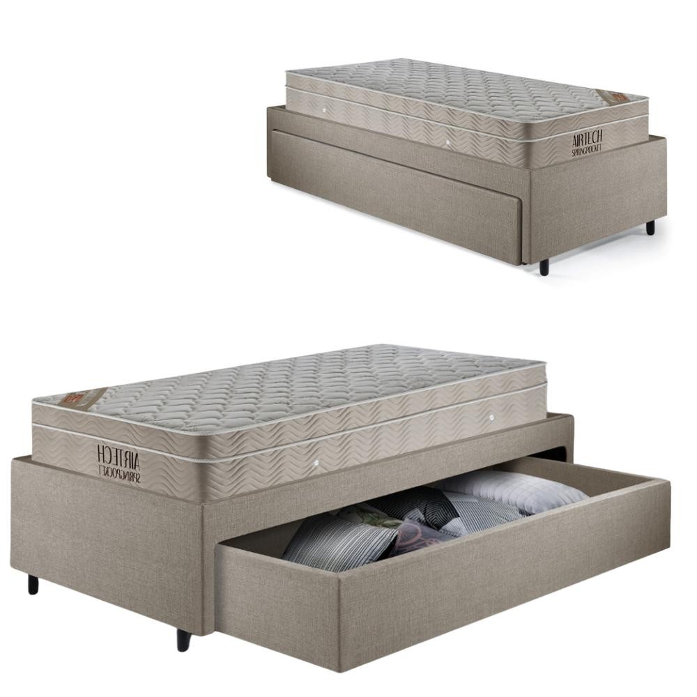 Cama Solteirão Sapateira Linho Bege e Colchão Airtech Ortobom 96x203