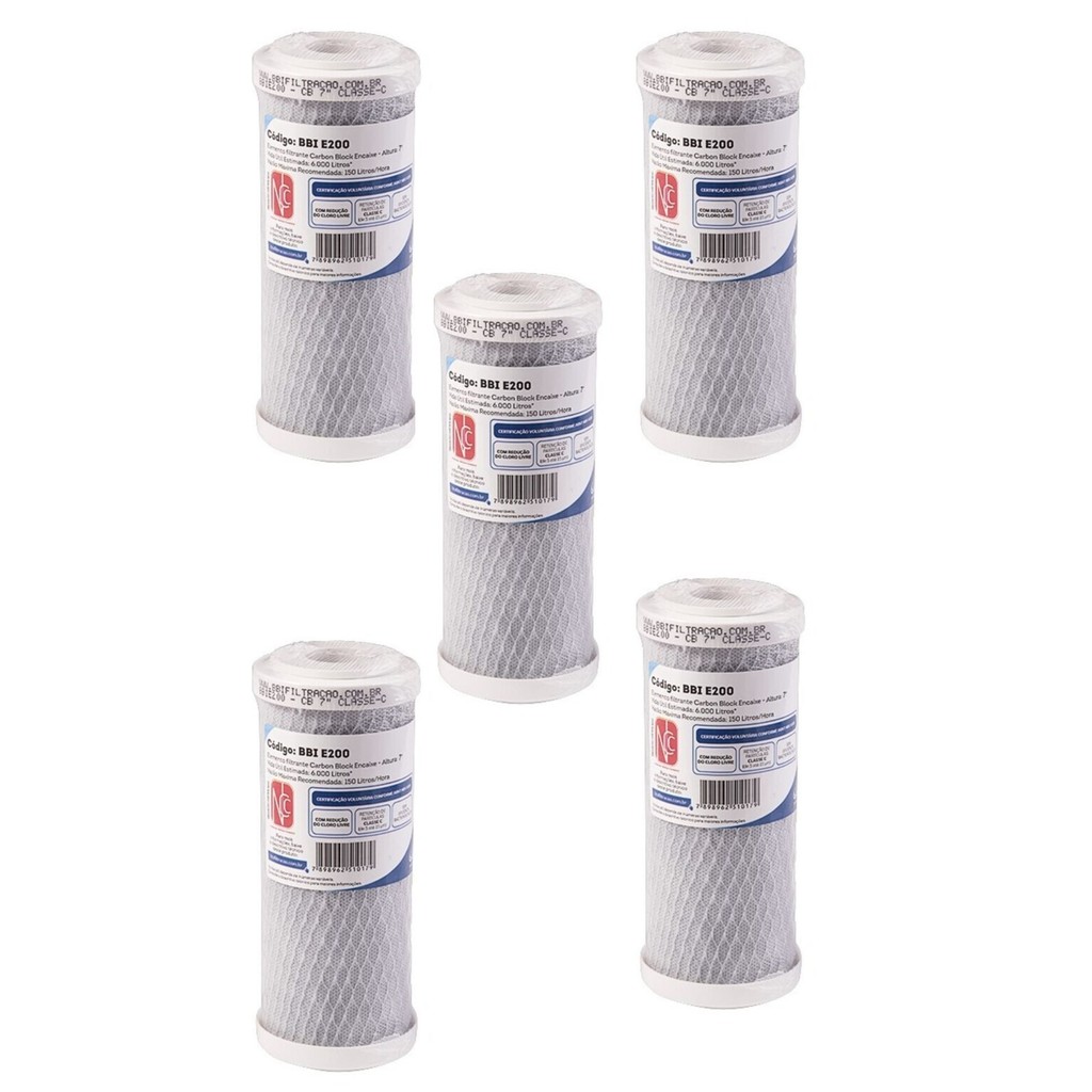 KIT 05 UN Refil BBI E200 7" Encaixe Carbon Block Compativel Fortlev Hidrofiltros Acquabios Equation