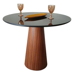 Mesa De Jantar Cone 100 Cm Base Madeira Pau Ferro Rajado Tampo Laca + Vidro Cor Preto