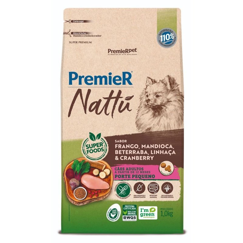 RAÇÃO PREMIER NATTU CÃES ADULTOS PORTE PEQUENO FRANGO E MANDIOCA 1KG