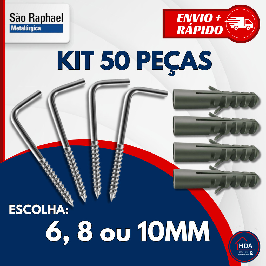 Kit de Escapula Gancho em L Fechado Pitão e Bucha para Fixação de 6, 8 ou 10 mm - 50 peças em Oferta na Shopee