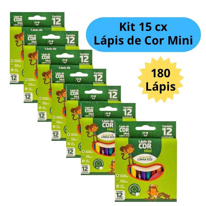 Kit 15 Caixas de Lápis de Cor Mini Caixa com 12 Cores cada Kit Festa Escolar Lembracinha Leo&Leo