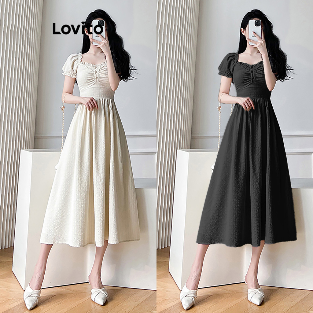 Lovito Vestido Elegante Vestido Frontal Com Botão Liso Para Mulheres LNE52158 (Multicolorido)