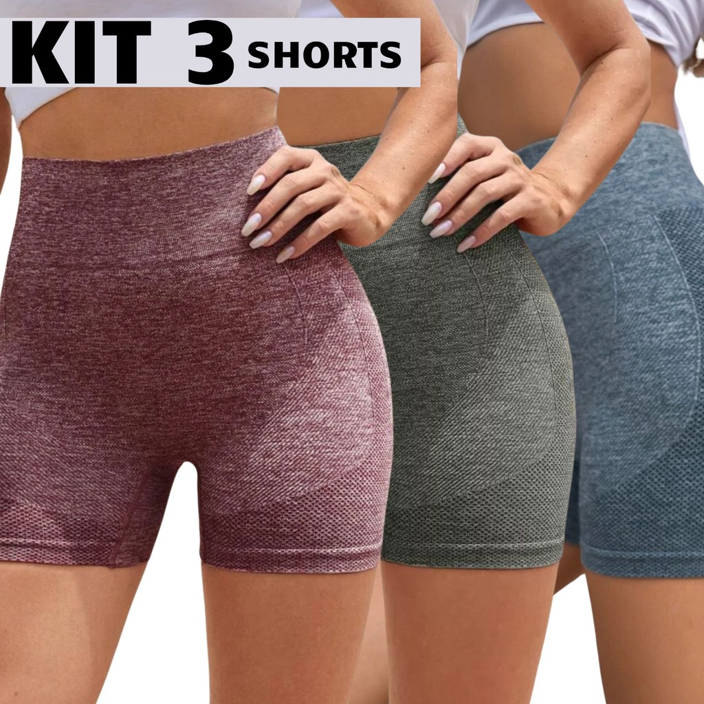 Kit 3 Short  LEVANTA BUMBUM Esportiva Academia Feminina Cintura Alta Elástica Secagem Rápi...