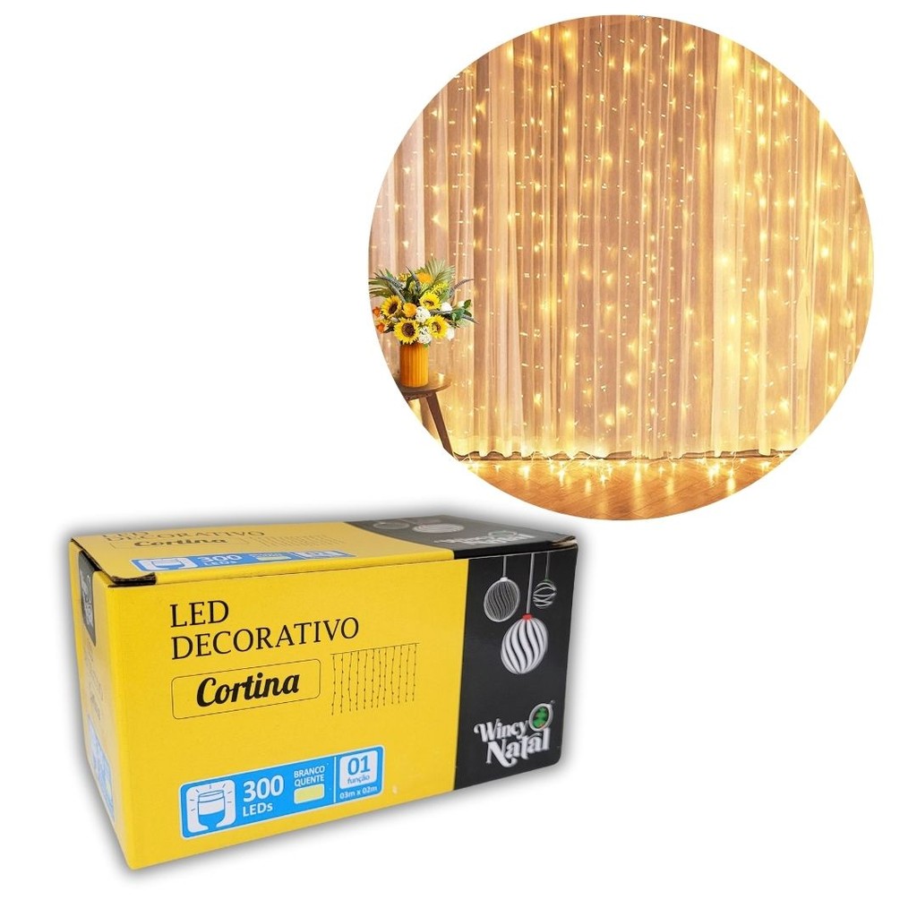 Cortina LED Fixa Decorativa 300 Lâmpadas Fio Transparente Branco Quente 3m x 2m - Wincy