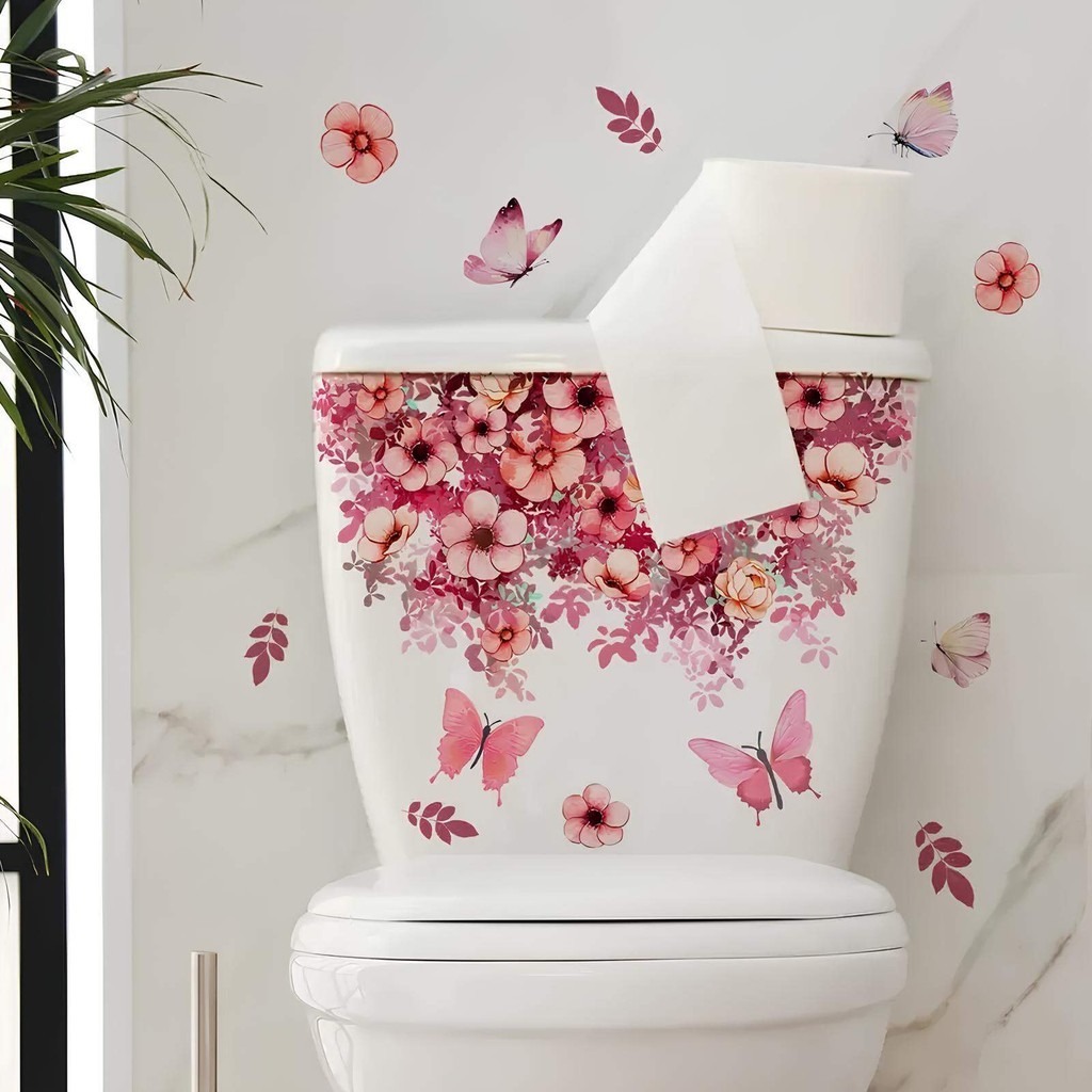 Adesivo de Vaso Sanitário Floral Rosa Borboletas Realistas - Decoração Para Banheiro