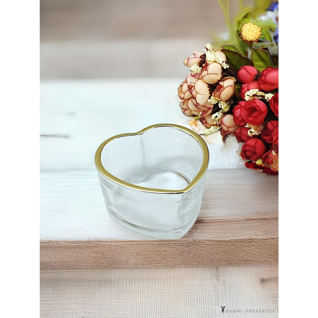 Porta Velas Coração de Vidro com Borda Dourada , NF