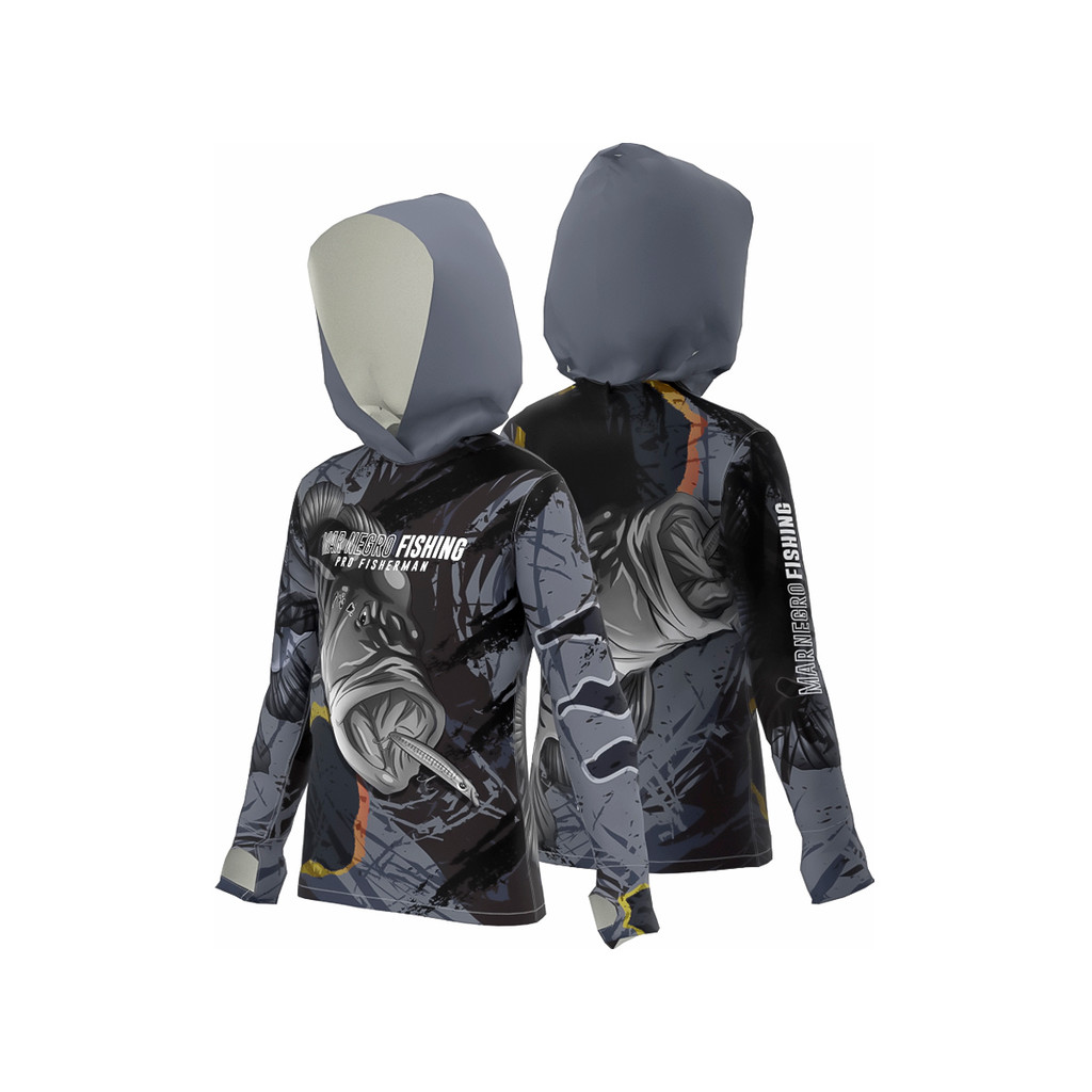 Camiseta de Pesca Mar Negro X Protection Sublimada Infantil Com Capuz Proteção Solar 50+ UV - Tucunaré Ocelo