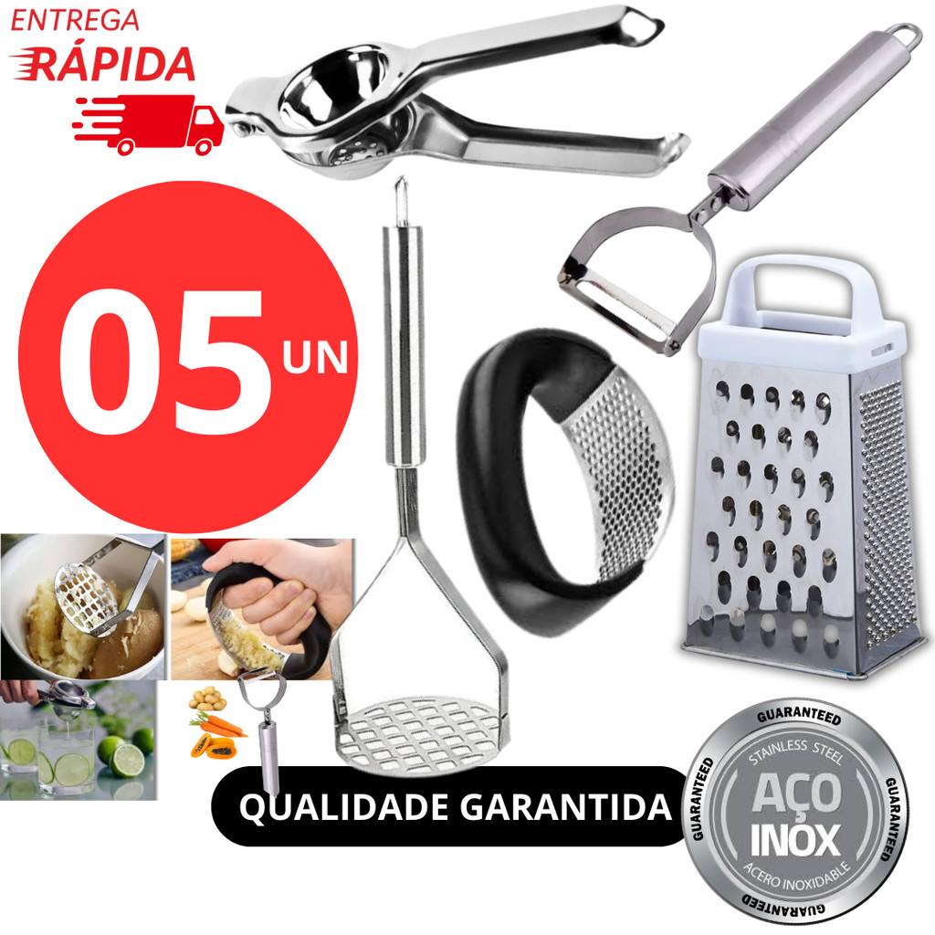 KIT 05 Utensilios Inox Premium Amassador de Batatas Amassador de Alho Espremedor de limão Ralador Descascador de Legumes