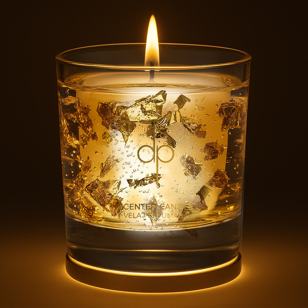 Vela Aromática Perfumada Gold 22k com base LED iluminadora Com Folhas de Ouro | Purifica o ambiente, prosperidade