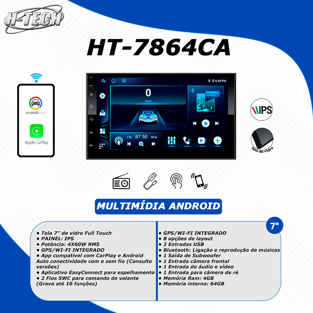 Detalhes do Multimidia H-tech 2 Din 7 Polegadas Android Auto Carplay Octacore 4GB 64GB Bluetooth ht-7864CA