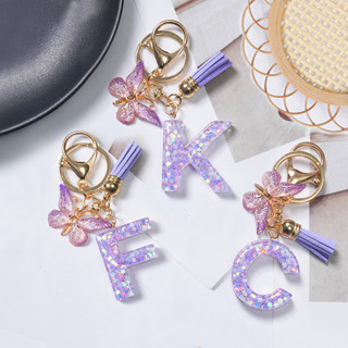 1 Pçs Roxo Borla Borboleta 26 Letras Chaveiro Estrela Lantejoulas Resina Iniciais Pingente Saco Ornamento em Oferta na Shopee