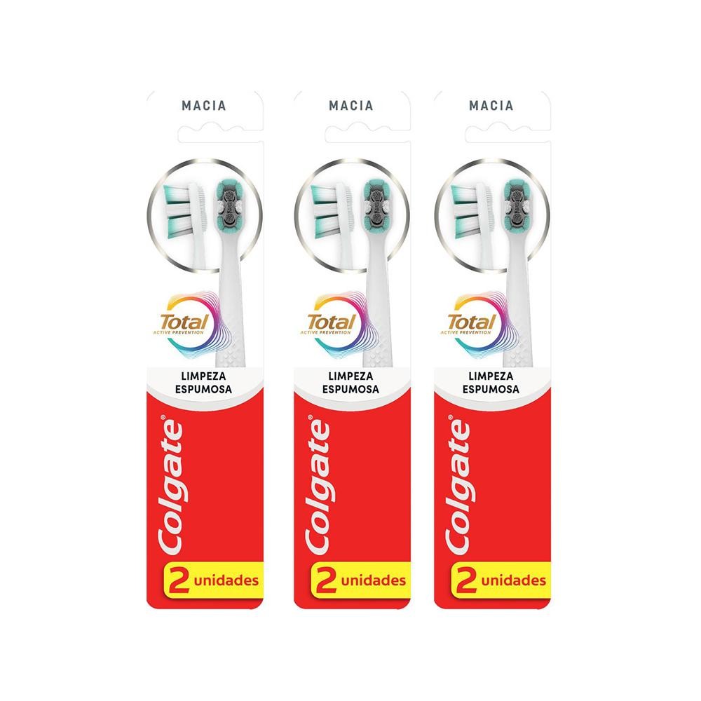 Kit 3 Escova Dental Colgate Total Limpeza Espumosa Suave 2 unidades em Oferta na Shopee