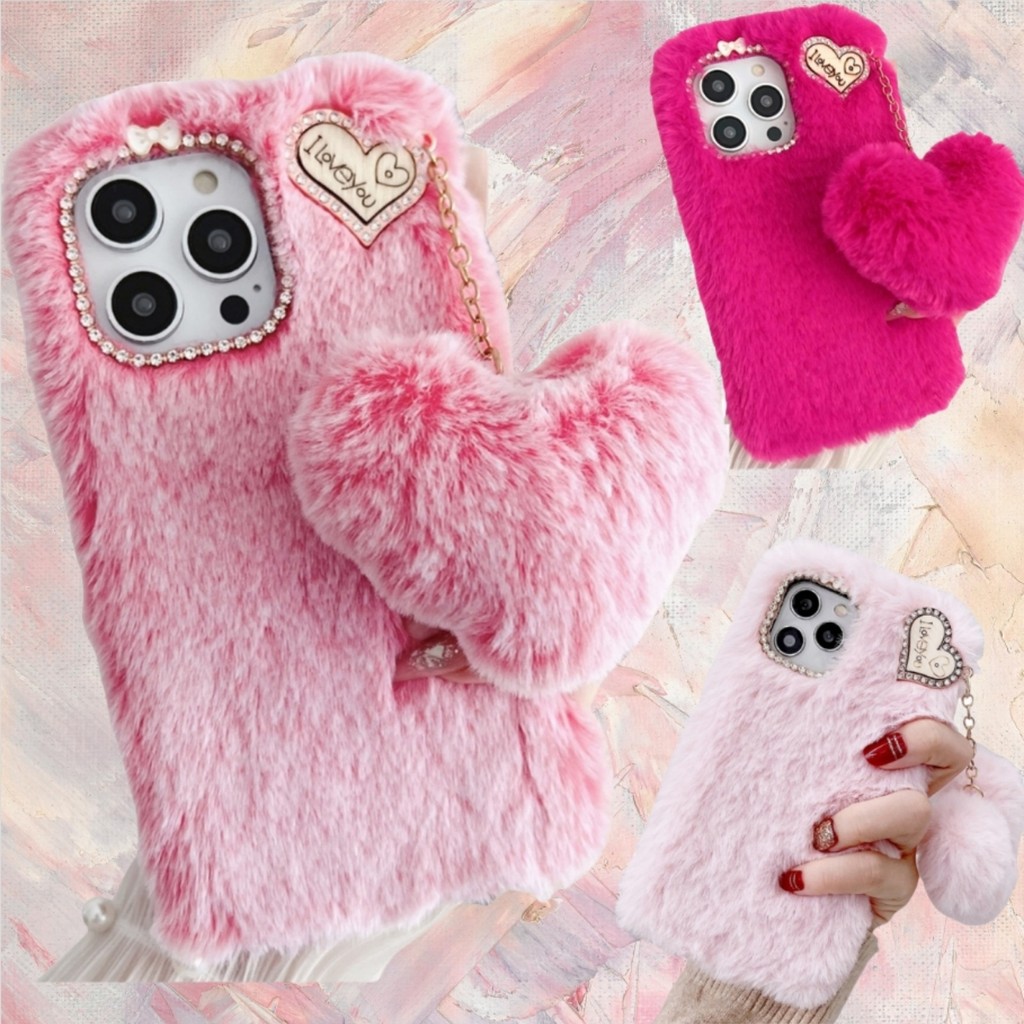 Para LG K41S K42 K50S K51S K52 K61 K62 K71 K92 Q51 Q52 Q61 Rosa Vermelho Peludo Capa De Telefone + Bonito Pelúcia Amor B