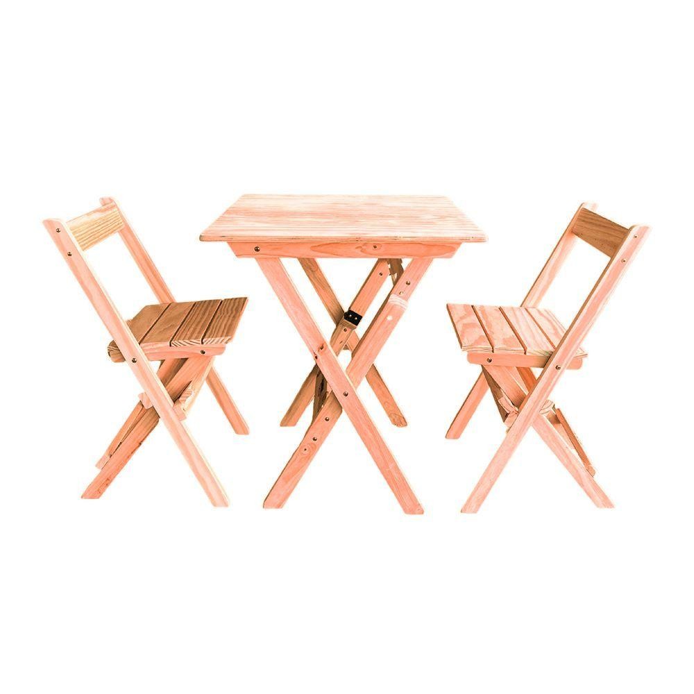Conjunto Mesa Dobrável 60x60cm Com 2 Cadeiras Em Madeira Maciça - Cru - Bege