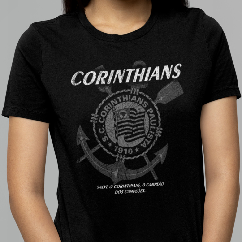 Camiseta Camisa Baby Look Feminina 100% Algodão Preta do Time do Corinthians