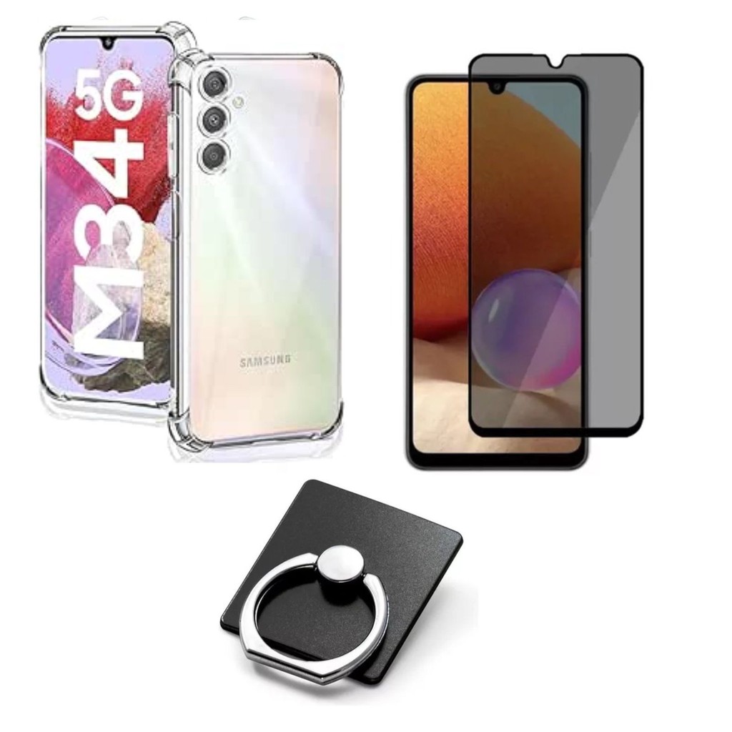 Kit Capa Transparente + Película Fosca Privacidade + Suporte Anel P/ Samsung  Galaxy M34