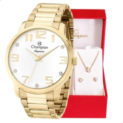 Relógio Champion Feminino Dourado Analógico CN26028W Conjunto Colar e Brinco Feminino