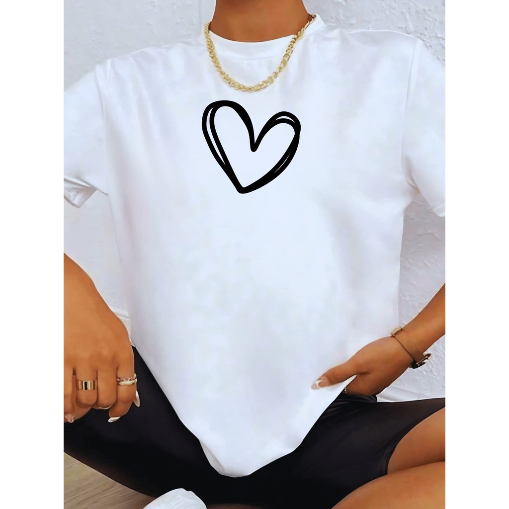 Camiseta Feminina Oversized  Basica Gola Redonda Coração T-Shirt Camiseta Feminina Academia Corrida Caminhada