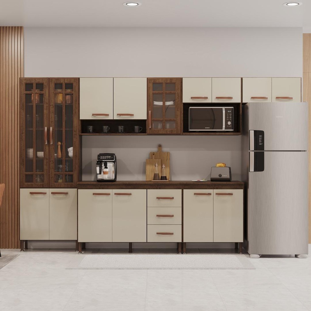 Cozinha Modulada Completa Fidelitá Lisboa 6 Peças 330cm 15 Portas 3 Gavetas Com Tampo Noce/Off-White - Home & Living