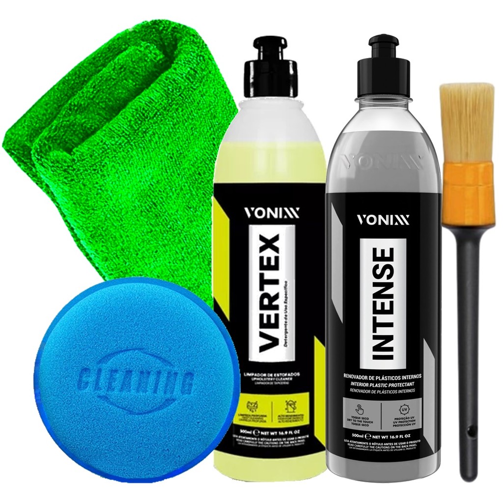 Kit Vonixx Limpeza Automotiva Limpa Estofados Vertex Revitalizador Plásticos Intense Toalha Microfibra Aplicador Karbox