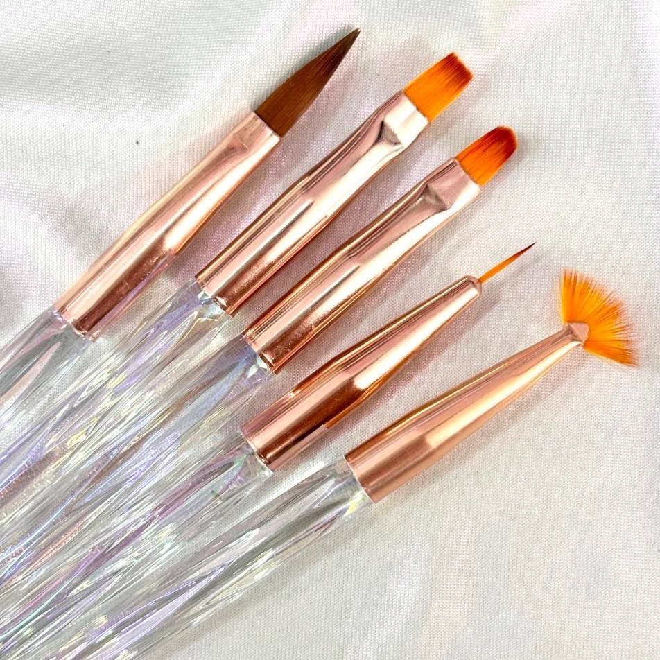 Kit 5 Pincéis Unhas Gel Nail Art Profissional Cabo Cristal Desenho Manicure Completo Pronta Entrega