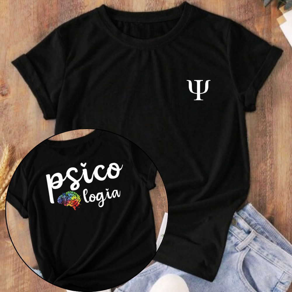 Camiseta Blusa T Shirt Feminina Estampada Frente e Verso Psico Psicologia Faculdade Profissão