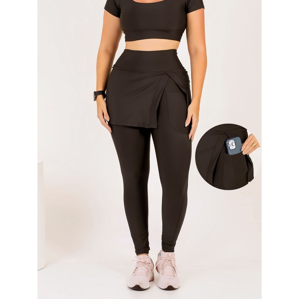 Calça Legging Com Bolso e Saia Feminina Fitness Moda Modesta Academia Caminhada Corrida Treino Ginástica