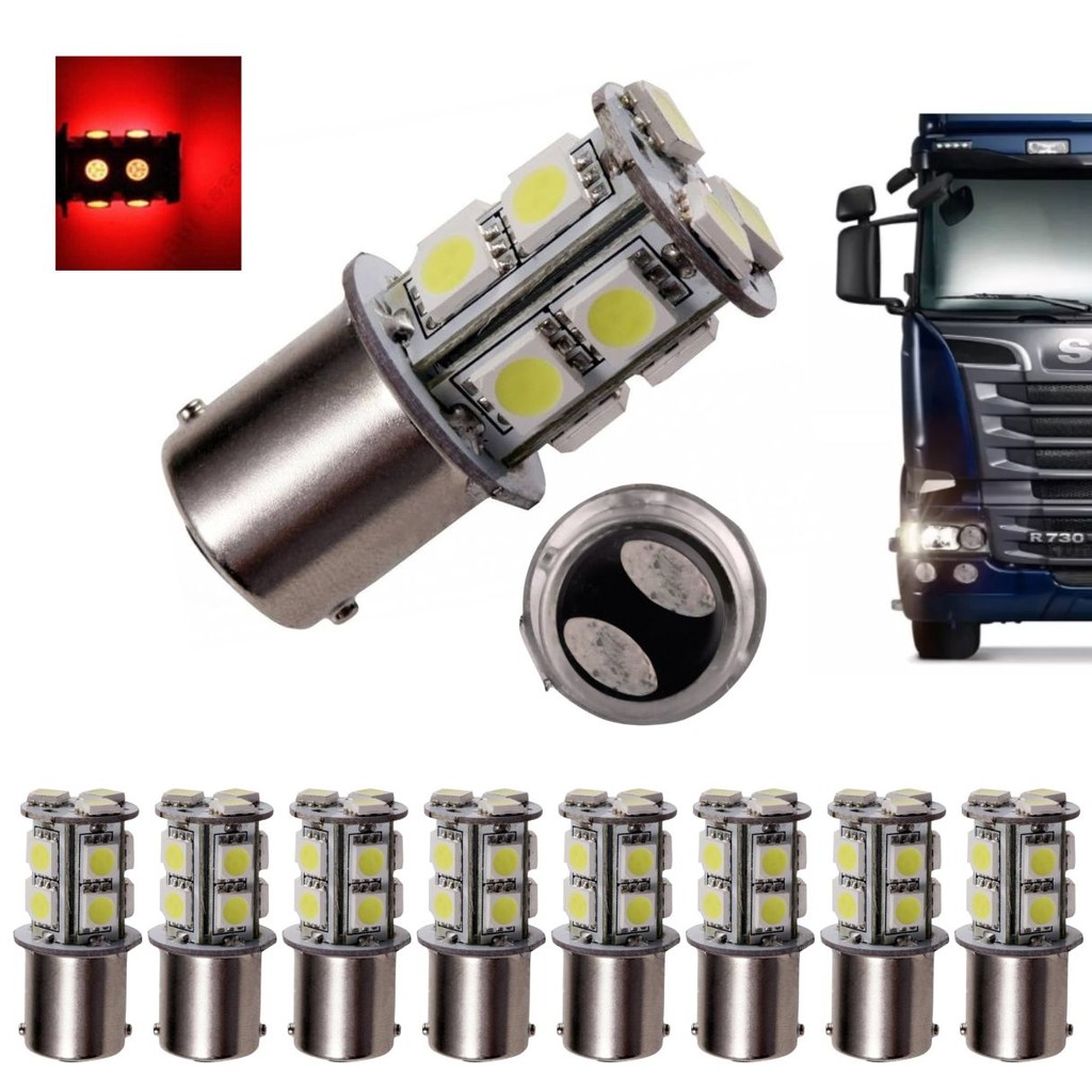 KIT 10 LAMPADA 13 LED BAY15D 2 POLO P21/5W 1157 1034 VERMELHO 24V