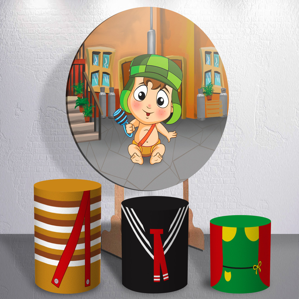 Painel Festa Redondo Com Capas Trio de Cilindro Decoração Desenho Engraçado Cute Menino Barriu Chave