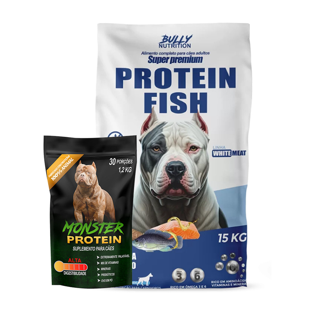 Ração Protein Fish 15kg + Suplemento Bully Monster 1,2kg + Moringa Dog 60g