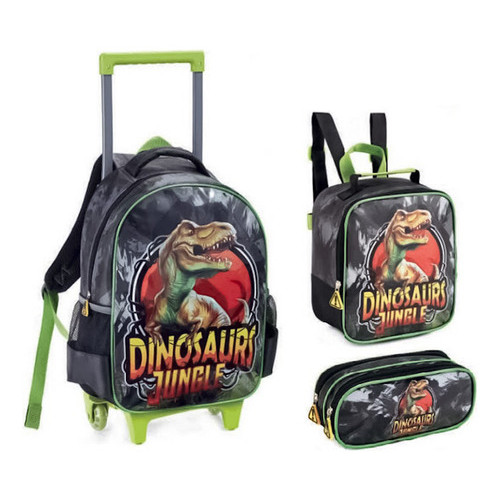 Kit Mochila Rodinha Lancheira Estojo Infantil Menino Dinossauro Jungle Denlex