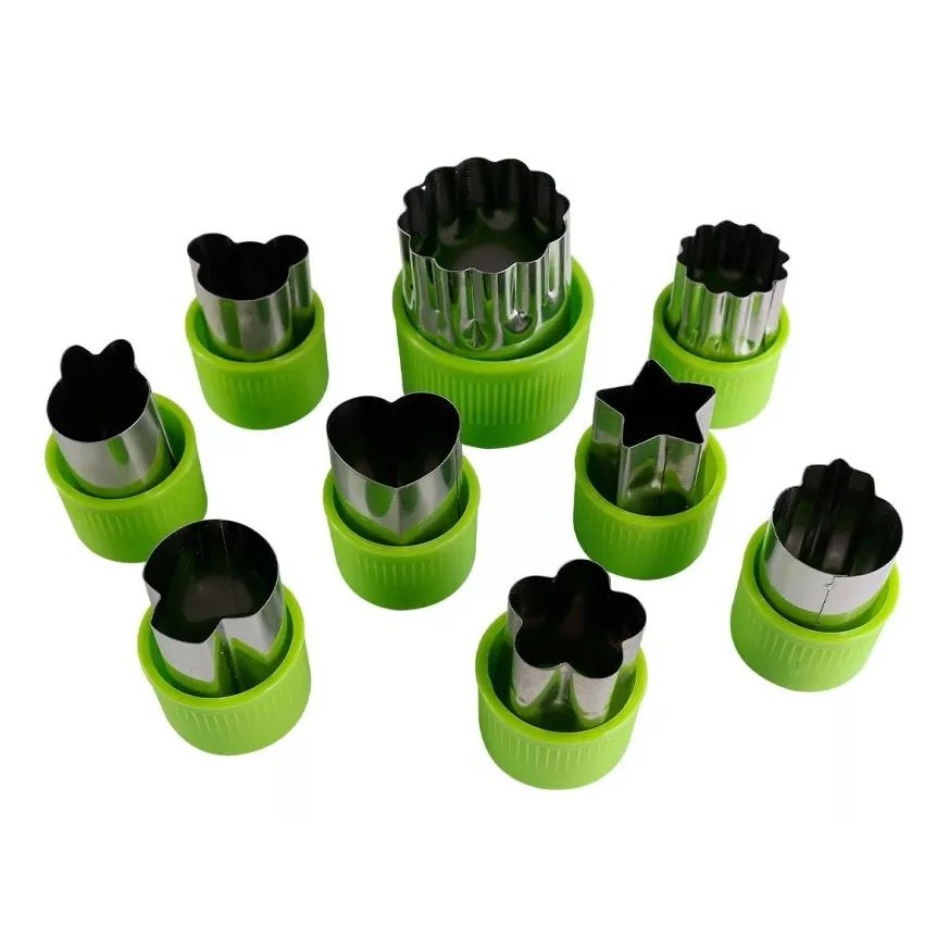 KIT 9 CORTADOR DE FRUTAS E VEGETAIS E BISCOITO EM INOX E PLASTICO em Oferta na Shopee
