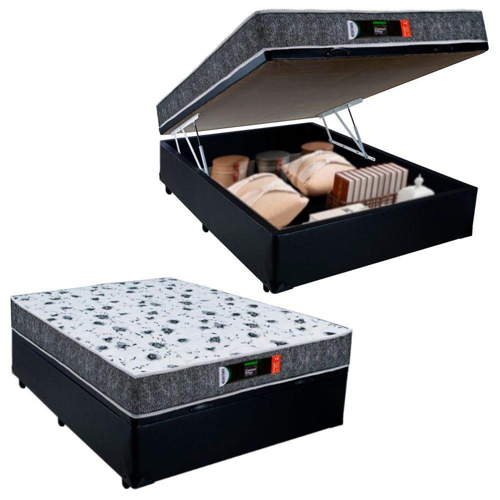 Cama Box Baú Casal + Colchão Ortopédico Resistente Pró D28 Colchões 138x188x60 Preto - Home & Living