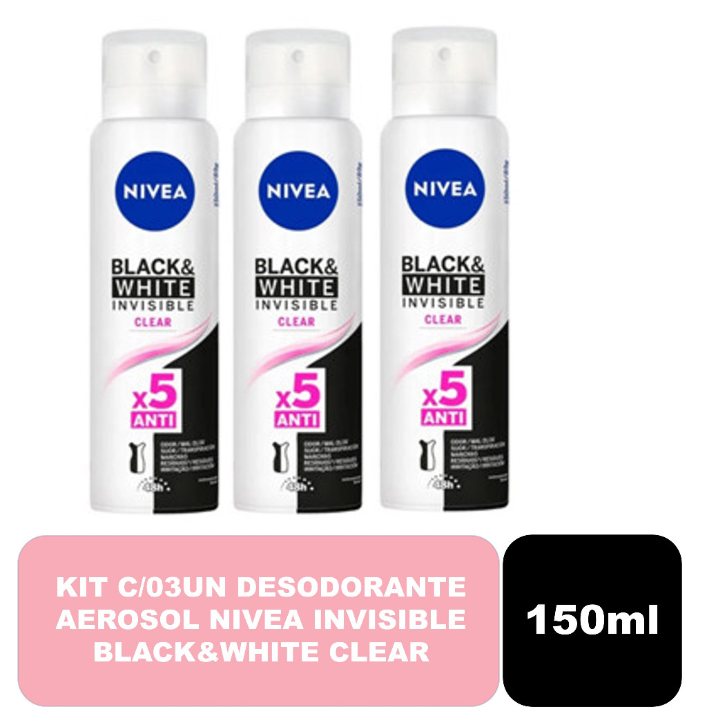 Kit com 03un Desodorante Antitranspirante Aerosol Nivea Invisible Black&White Clear 150ml em Oferta na Shopee