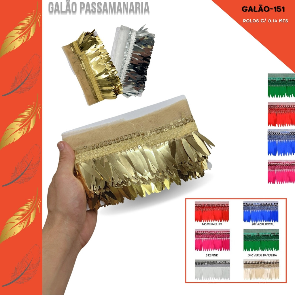 Franja Passamanaria Penas Galao-151 - Tam: 62mm - Rolo C/9.14 Mts em Oferta na Shopee