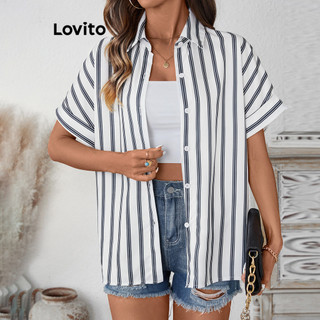 Lovito Blusa elegante listrada com botões na frente para mulheres LBL18459 em Oferta na Shopee