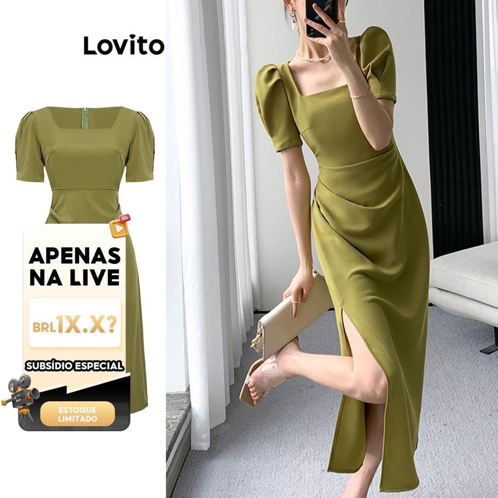(LIVE STREAM SALE) Lovito Vestido elegante liso franzido para mulheres L100MD298 - Women Clothes