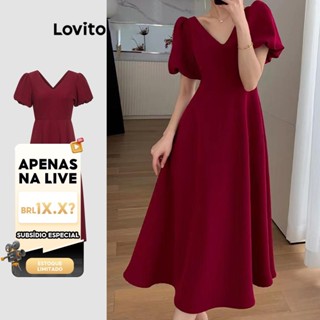 (LIVE STREAM SALE) Lovito Vestido Midi Casual Elegante de Manga Curta com Decote em V para Mulheres LNE09088 em Oferta na Shopee