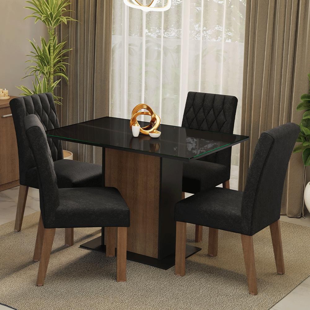 Conjunto Sala de Jantar Mesa Tampo de Vidro 4 Cadeiras Rustic/Preto/Oxford Reale Madesa - Home & Living