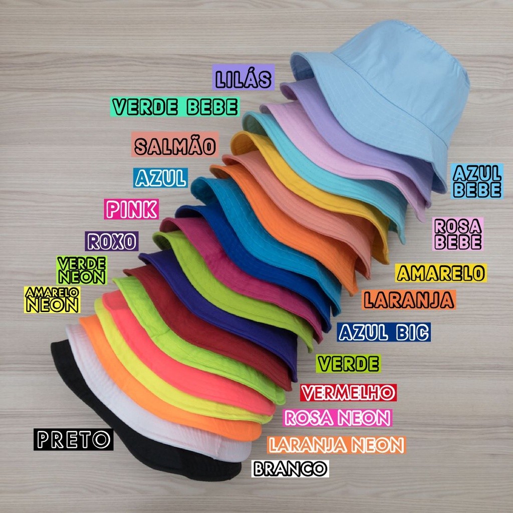 chapeu bucket várias cores estilo blogueira preto branco rosinha verdinho azulzinho azul rosa neon amarelo vermelho pink