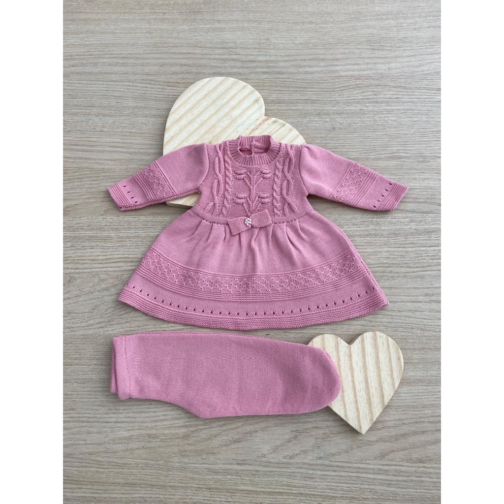 Vestido Laço Calça Récem Nascido Conjunto Tricô infantil Bebê Menina Tricot RN