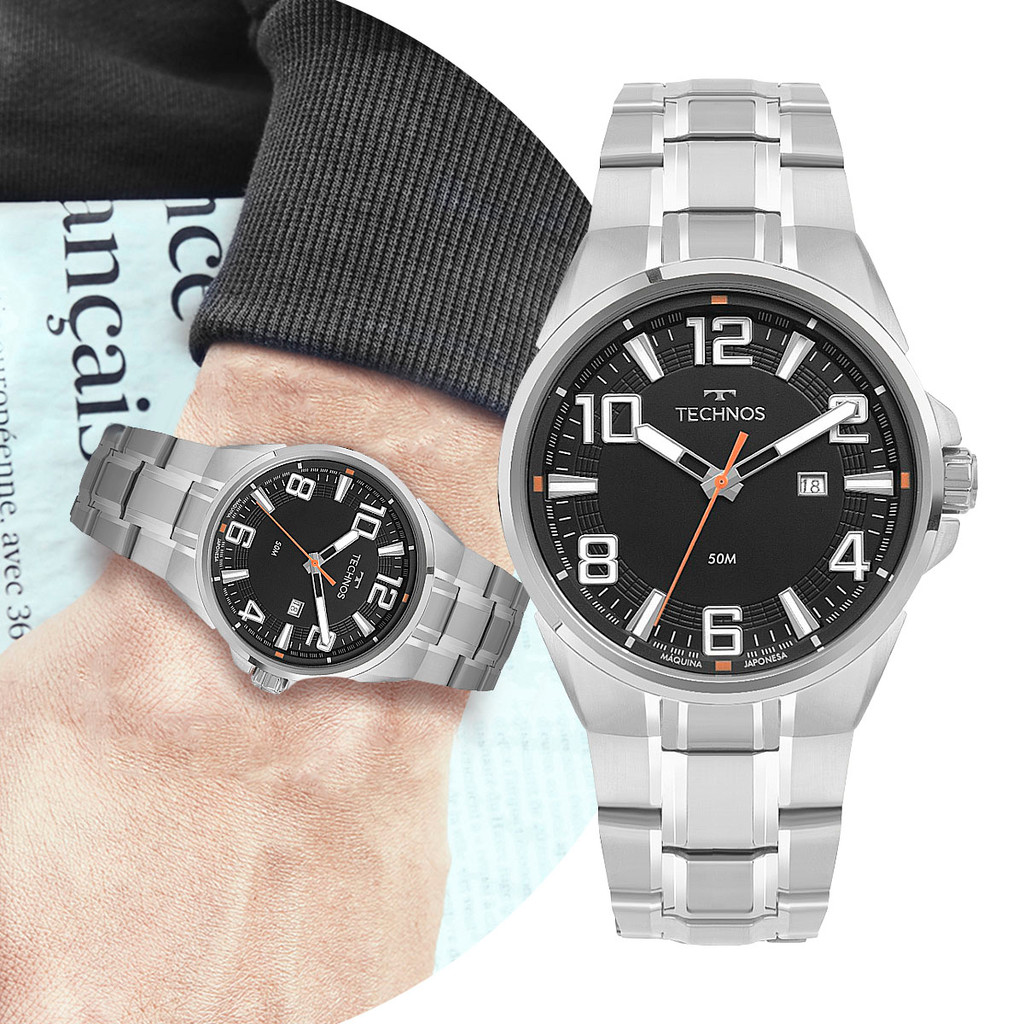 Relógio Masculino Analógico de Pulso Prata e Preto com Caixa e Pulseira de Aço Inoxidável Casual Social Technos Original