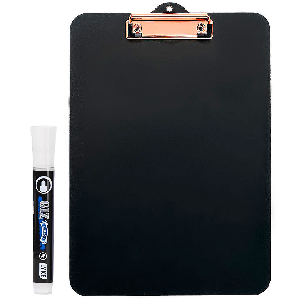 Prancheta A4 Preta Oficio Black Gold Rose Com Prendedor De Metal Stalo + Caneta Giz Líquido Branco